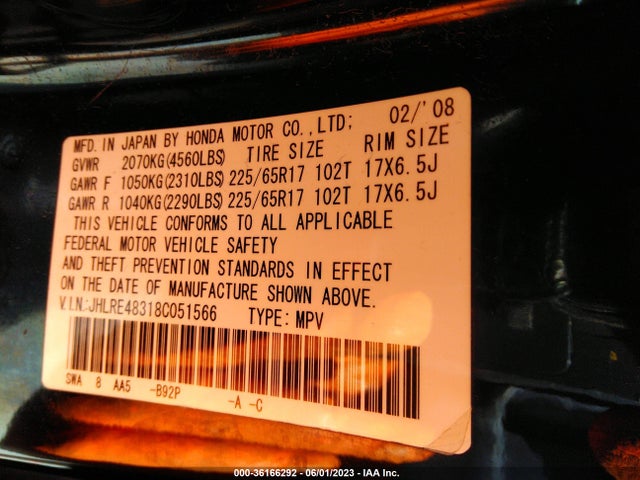 2008 HONDA CR-V LX VIN: JHLRE48318C051566