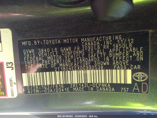 2013 TOYOTA COROLLA L/LE/S VIN: 2T1BU4EEXDC992538