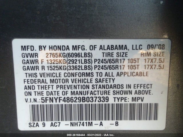 2009 HONDA PILOT EX-L VIN: 5FNYF48629B037339