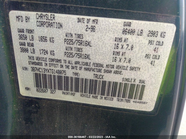 1996 DODGE RAM 1500 VIN: 3B7HC13YXTG148075