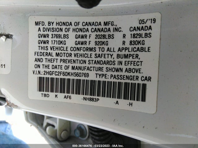 Honda Civic Sedan Lx 2019 2HGFC2F60KH560769 Image 9