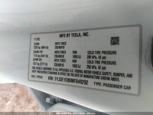 5YJ3E1EB0MF849292 Tesla Model 3 Long Range