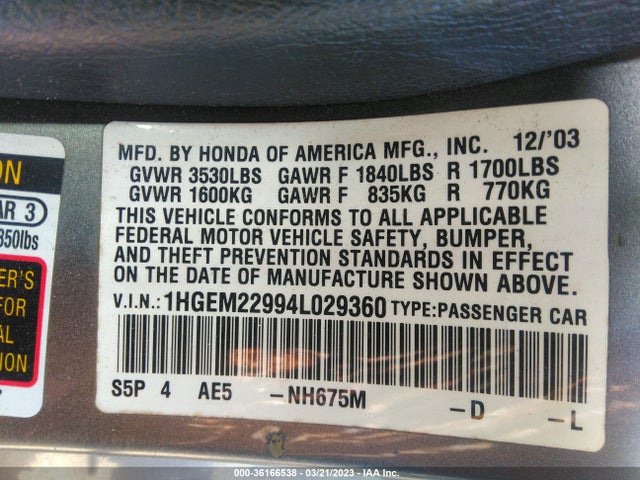 Honda CIVIC EX 2004 1HGEM22994L029360 Image 10