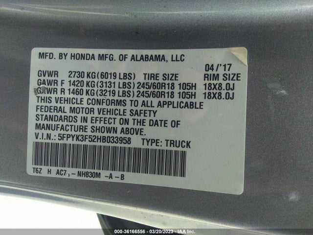 Honda Ridgeline Rtl 2017 5FPYK3F52HB033958 Image 9