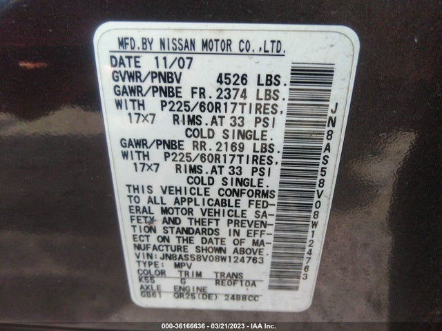 2008 NISSAN ROGUE SL VIN: JN8AS58V08W124763