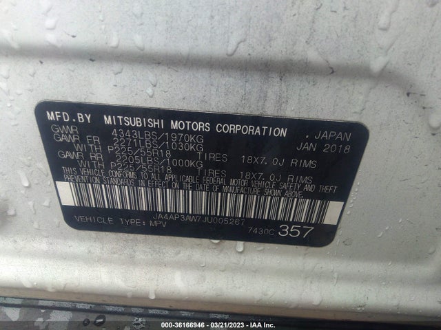 JA4AP3AW7JU005267 Mitsubishi Outlander Sport Se 2.4