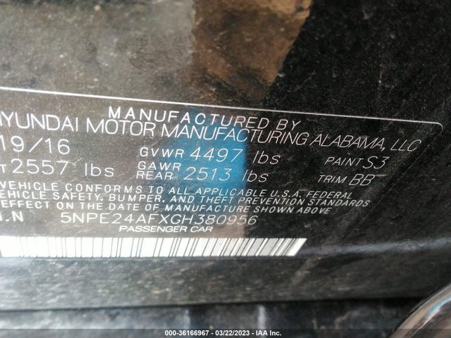 2016 HYUNDAI SONATA 2.4L SE VIN: 5NPE24AFXGH380956