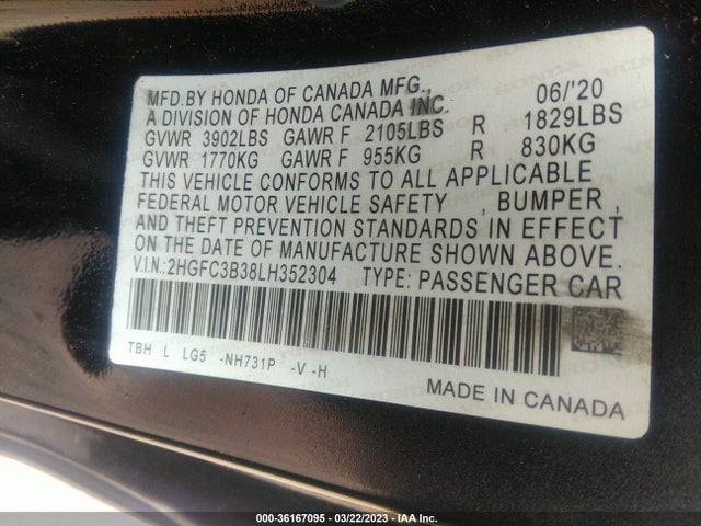 Honda Civic Coupe Ex 2020 2HGFC3B38LH352304 Image 9