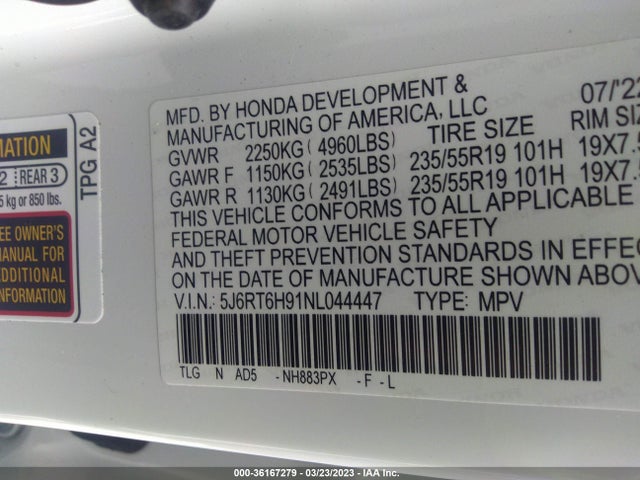 2022 HONDA CR-V HYBRID TOURING VIN: 5J6RT6H91NL044447