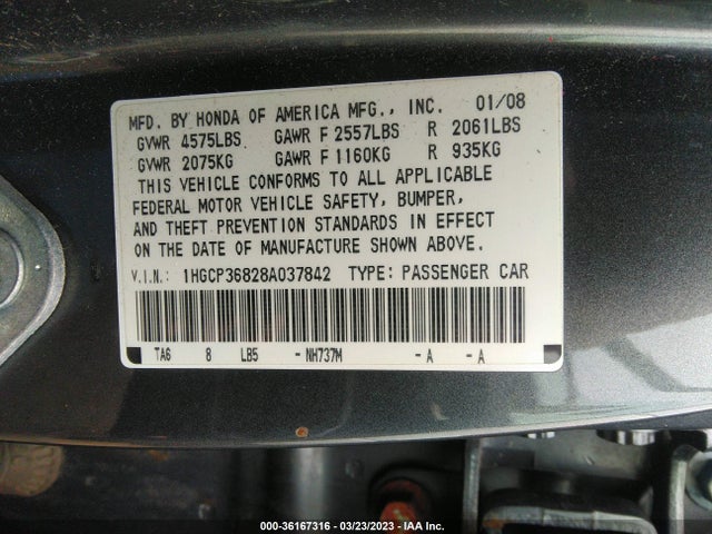 Aukcja sprzedaży 2008 Honda Accord Sdn Ex-l, vin: 1HGCP36828A037842, numer aukcji: 36167316