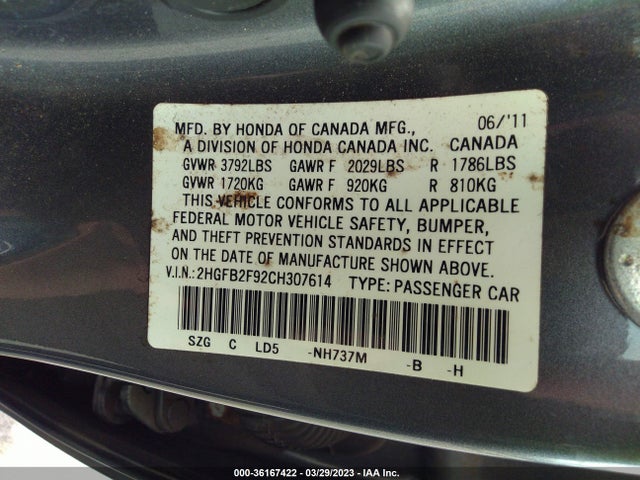 2012 HONDA CIVIC SDN EX-L VIN: 2HGFB2F92CH307614