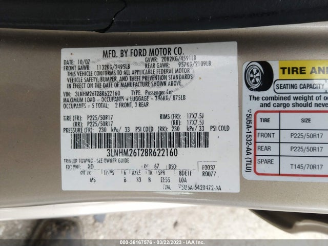 Aukcja sprzedaży 2008 Lincoln Mkz, vin: 3LNHM26T28R622160, numer aukcji: 36167576