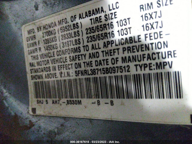 2005 HONDA ODYSSEY EX-L VIN: 5FNRL38715B097512