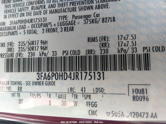 Ford FUSION SE 2018 3FA6P0HD4JR175131 Image 10