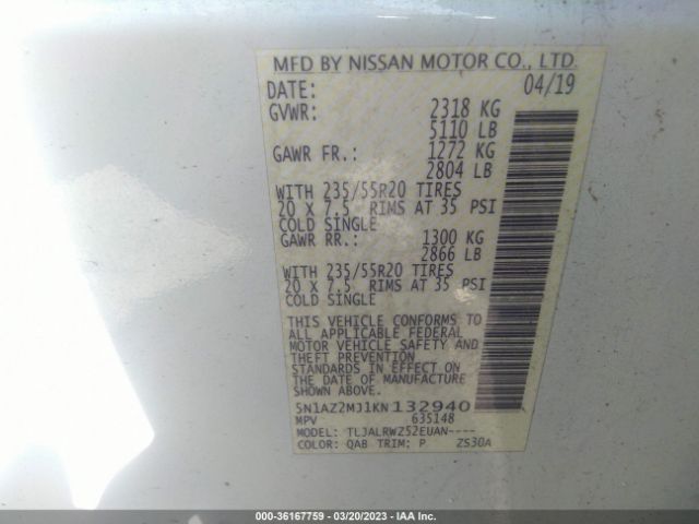 5N1AZ2MJ1KN132940 Nissan MURANO SL