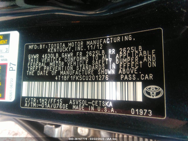 2012 TOYOTA CAMRY L/LE/SE/XLE VIN: 4T1BF1FK5CU201276