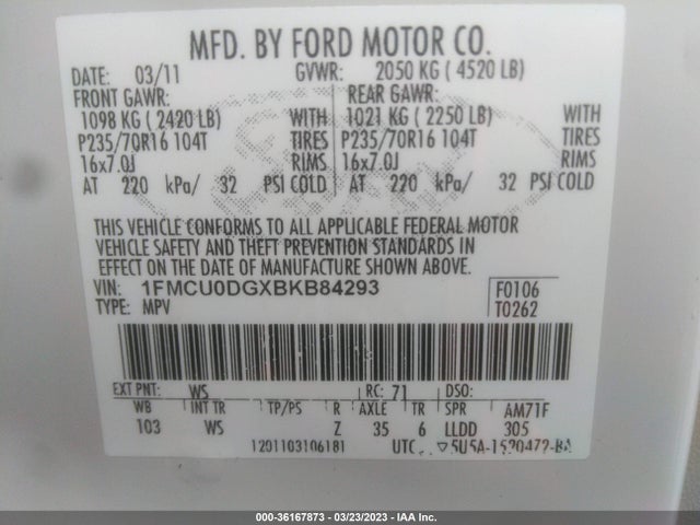 2011 FORD ESCAPE XLT VIN: 1FMCU0DGXBKB84293