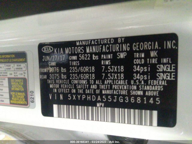5XYPHDA55JG368145 KIA Sorento Ex V6