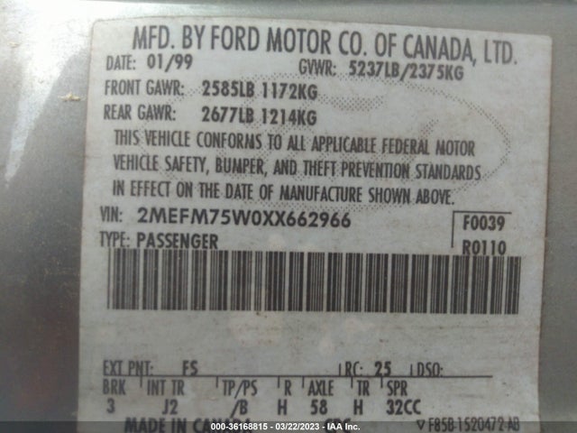 1999 MERCURY GRAND MARQUIS LS VIN: 2MEFM75W0XX662966