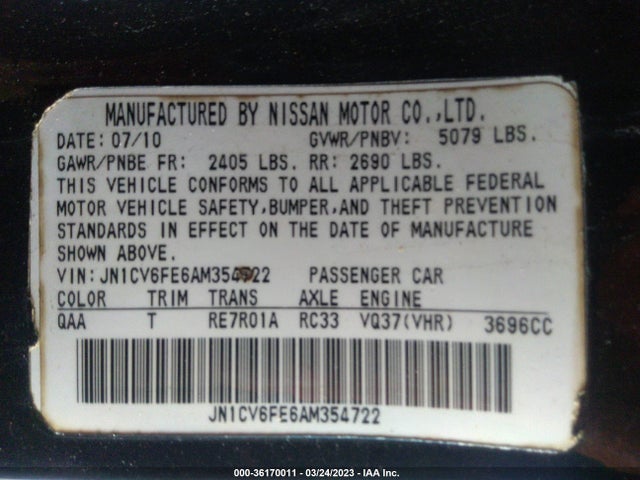 2010 INFINITI G37 CONVERTIBLE BASE VIN: JN1CV6FE6AM354722