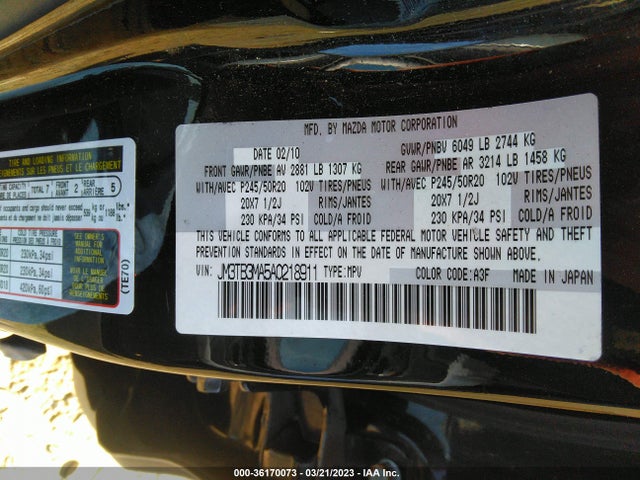 2010 MAZDA CX-9 GRAND TOURING VIN: JM3TB3MA5A0218911