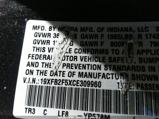 2012 HONDA CIVIC SDN LX VIN: 19XFB2F5XCE309960
