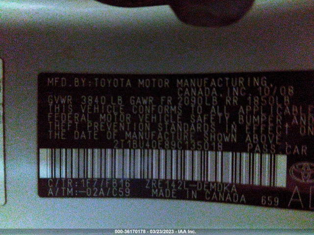 2009 TOYOTA COROLLA BA VIN: 2T1BU40E89C135018