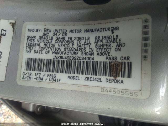 2009 TOYOTA COROLLA VIN: 1NXBU40E99Z034004