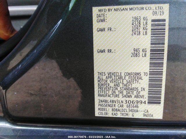 2020 NISSAN ALTIMA 2.5 S VIN: 1N4BL4BV3LN306994