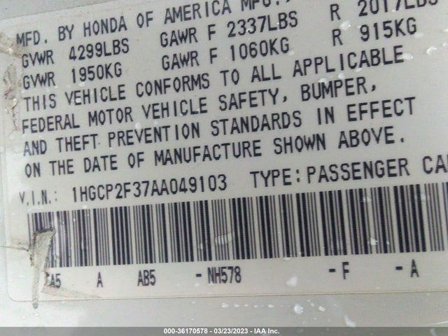 2010 HONDA ACCORD SDN LX VIN: 1HGCP2F37AA049103