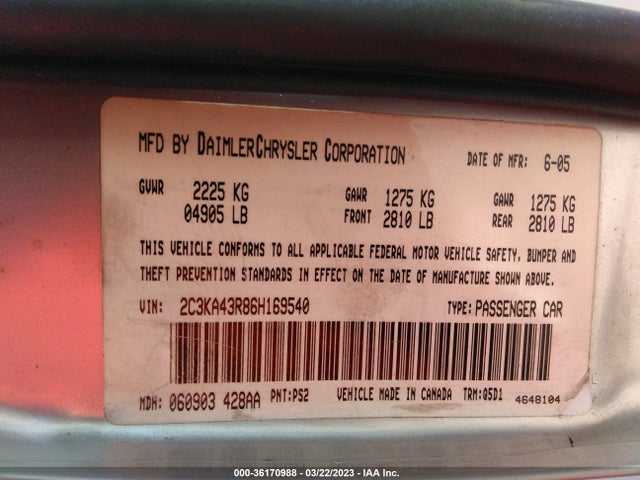 2006 CHRYSLER 300 VIN: 2C3KA43R86H169540