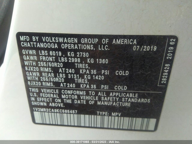 1V2MR2CA9KC585457 Volkswagen Atlas 3.6l V6 Sel