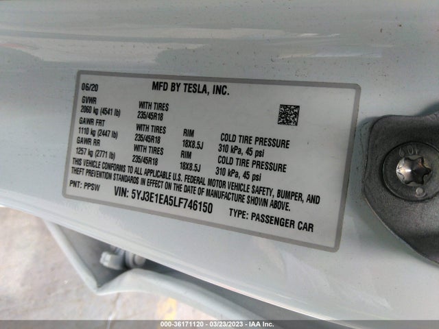 Tesla Model 3 Standard Range 2020 5YJ3E1EA5LF746150 Image 11