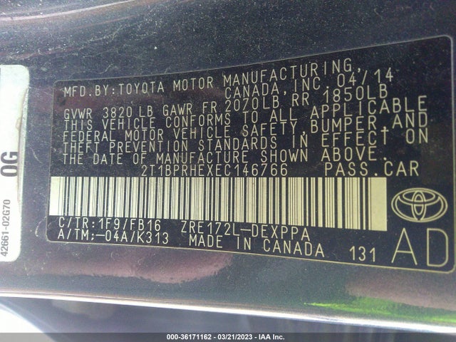 2014 TOYOTA COROLLA LE ECO VIN: 2T1BPRHEXEC146766