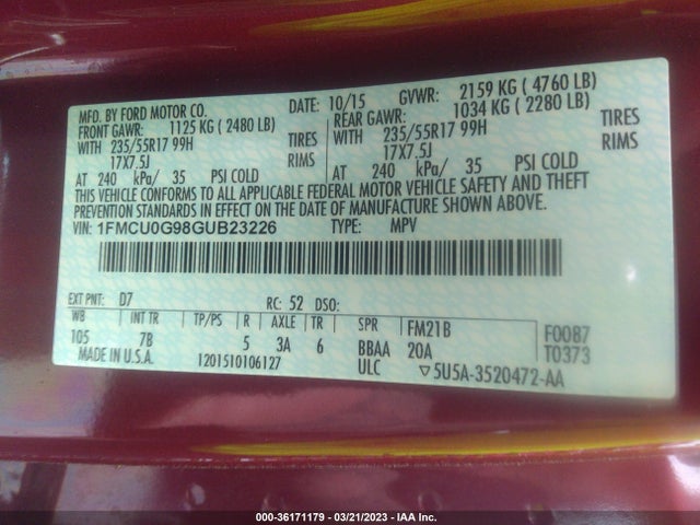 2016 FORD ESCAPE SE VIN: 1FMCU0G98GUB23226