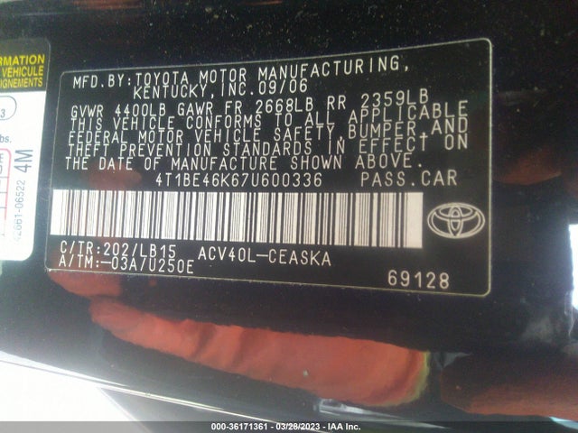 2007 TOYOTA CAMRY CE/LE/SE/XLE VIN: 4T1BE46K67U600336