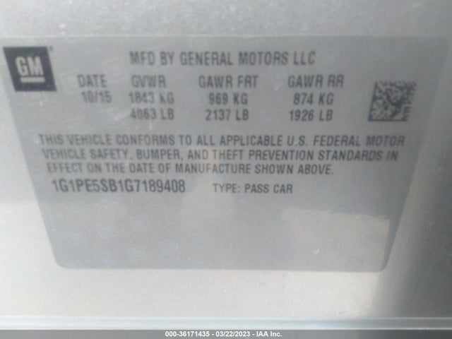 2016 Chevrolet Cruze, VIN: 1G1PE5SB1G7189408