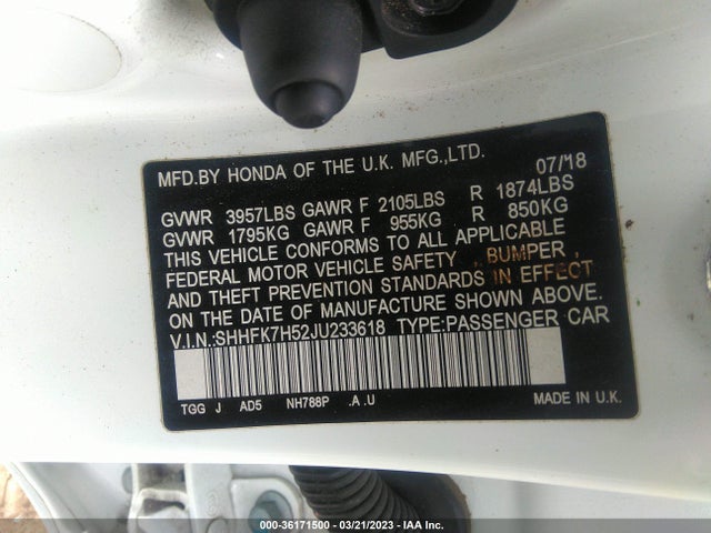 Honda Civic Hatchback Ex 2018 SHHFK7H52JU233618 Image 9
