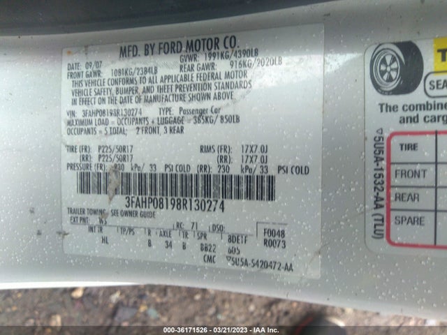 2008 FORD FUSION SEL VIN: 3FAHP08198R130274