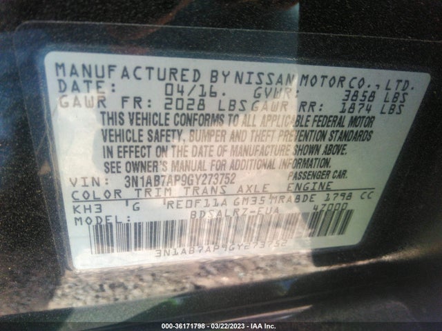 2016 NISSAN SENTRA SR VIN: 3N1AB7AP9GY273752