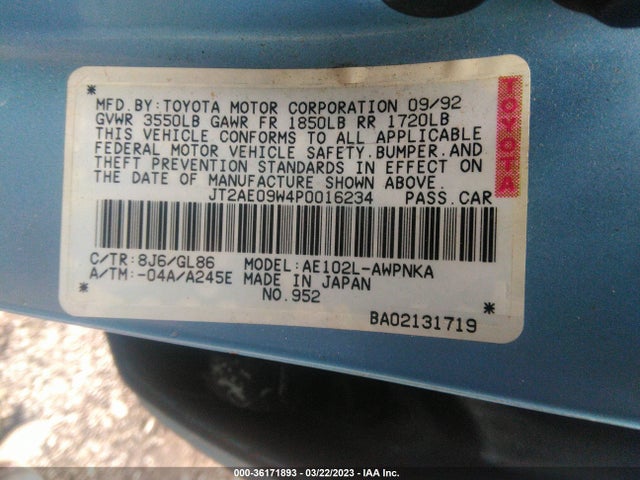 1993 TOYOTA COROLLA DX VIN: JT2AE09W4P0016234