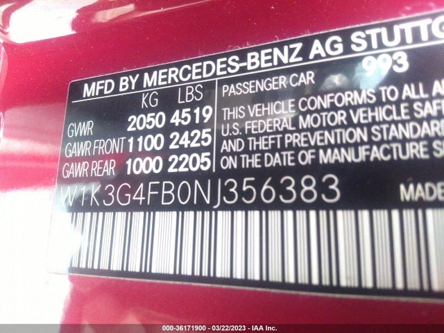 2022 Mercedes-Benz A-Class, VIN: W1K3G4FB0NJ356383