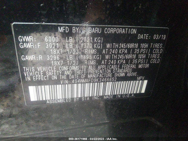 4S4WMAFD9K3466652 Subaru Ascent Premium