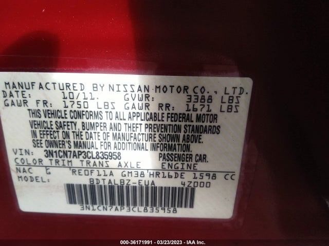 2012 NISSAN VERSA SV VIN: 3N1CN7AP3CL835958