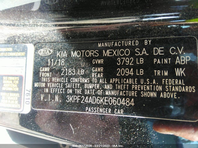 2019 KIA FORTE LXS VIN: 3KPF24AD6KE060484