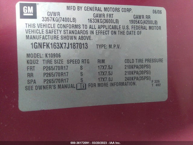 Chevrolet Suburban Lt 2007 1GNFK163X7J187013 Image 10