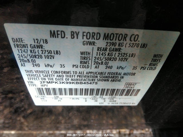 2019 FORD EDGE TITANIUM VIN: 2FMPK3K99KBB45475