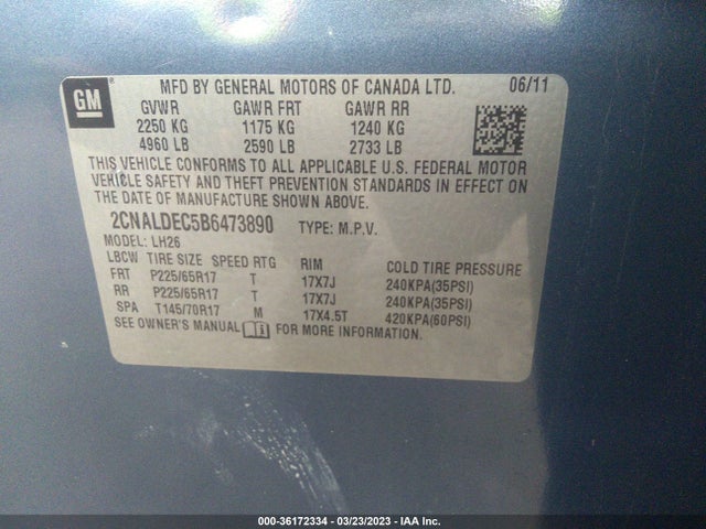 2011 CHEVROLET EQUINOX LT W/1LT VIN: 2CNALDEC5B6473890