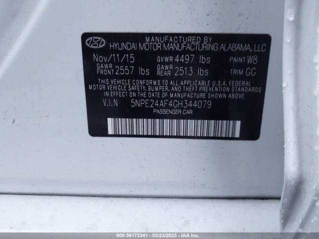 2016 HYUNDAI SONATA SE VIN: 5NPE24AF4GH344079