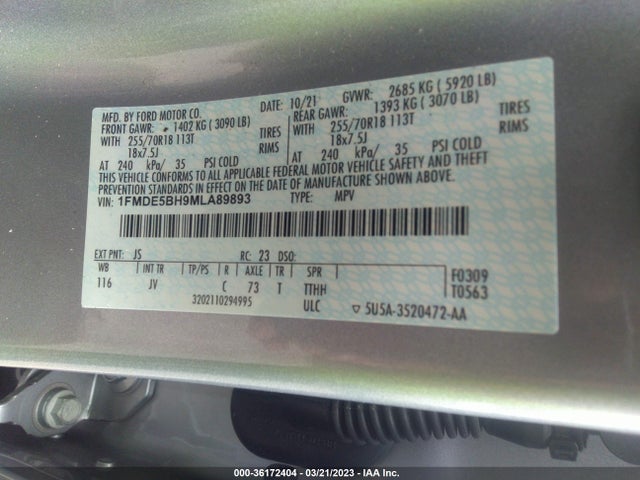 2021 Ford Bronco, VIN: 1FMDE5BH9MLA89893